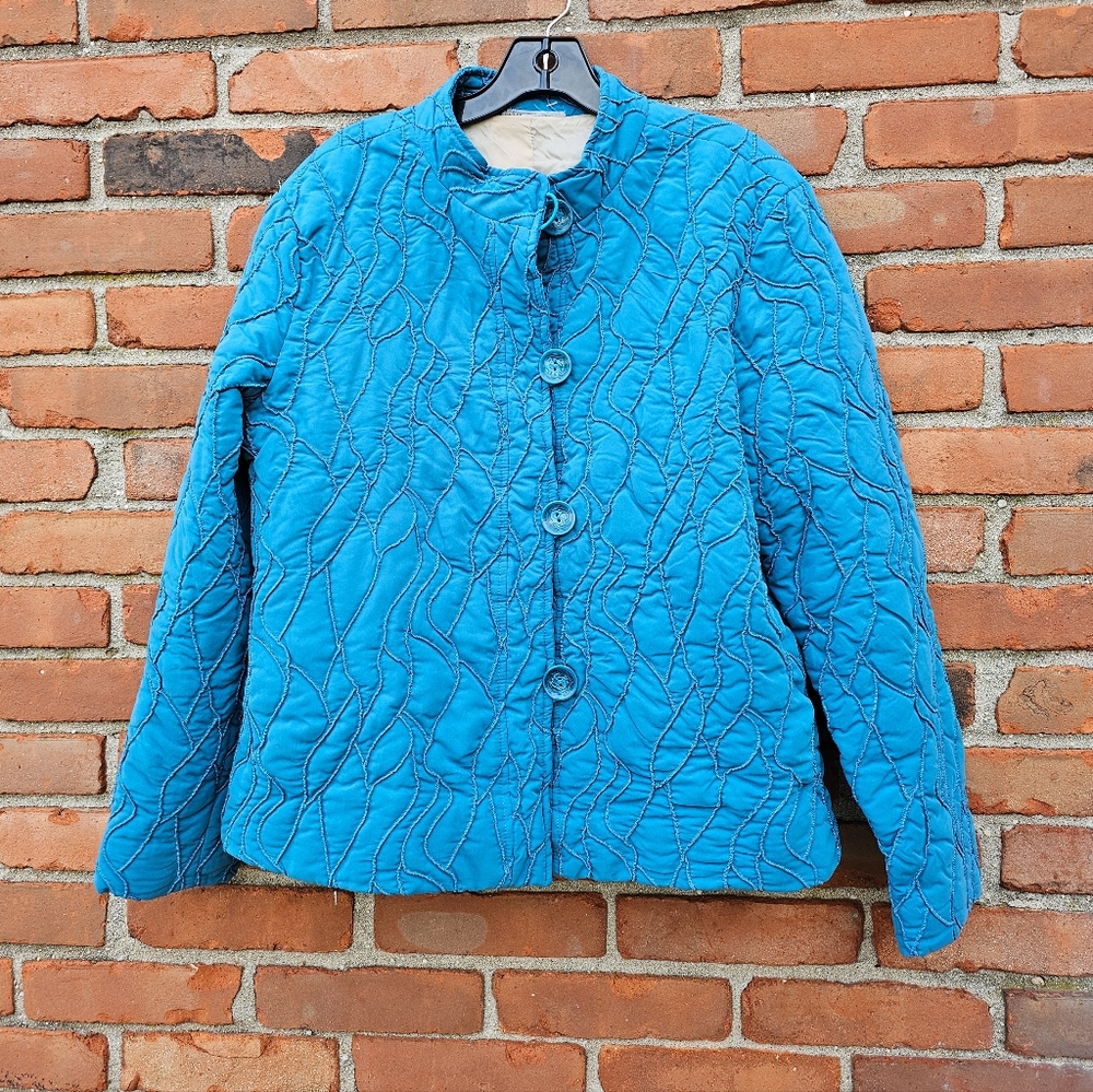 VTG Textured Quilted Blue Jacket | Retro Grannycore Button Front | Size L